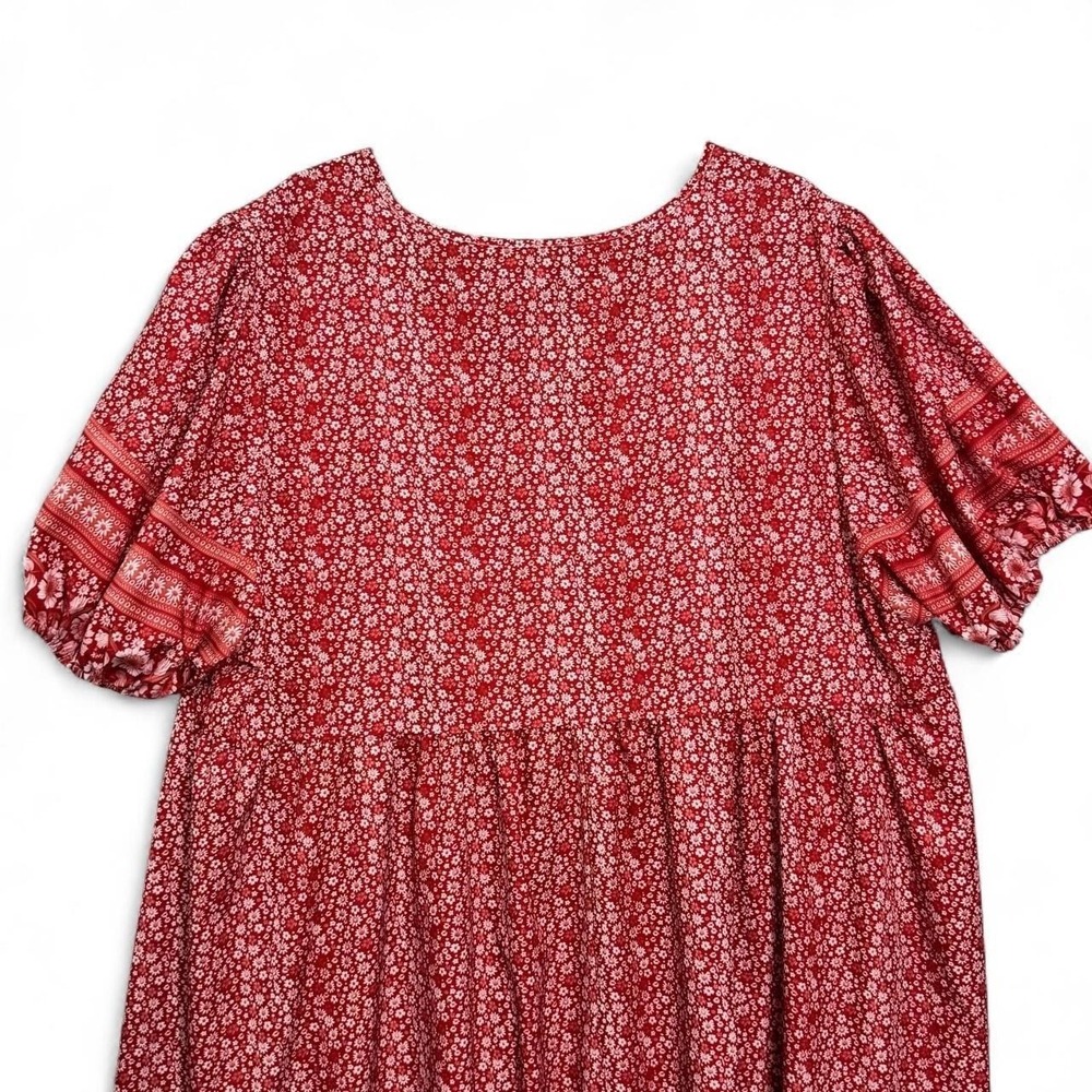 Shein Curve Babydoll Dress 4XL Red Floral V-Neck Puff Sleeve Boho Cottagecore - Picture 6 of 8